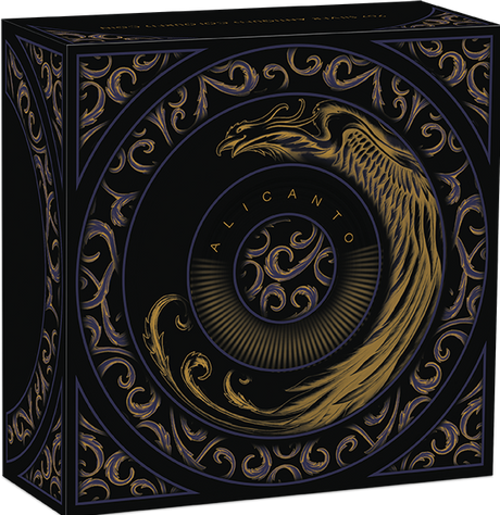 Decorative box Shipper with gold dragon design and 'Alicante' text on a transparent background