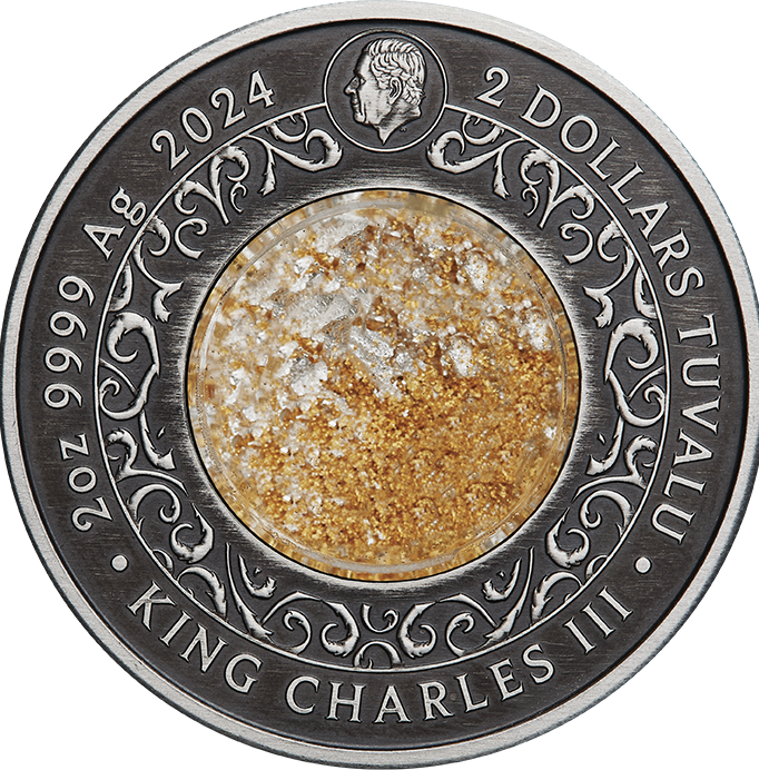 Silver coin with gold flakes in domed center featuring 'King Charles III' and 'Tuvalu' text