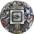 Ancient Chinese Inventions silver coin reverse, with coloured ship, kites, cannon and seismograph surrounding a sculpted spoon compass.