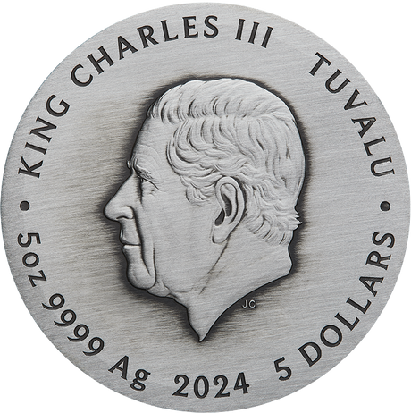 Tuvalu 2024 $5 Ancient Chinese Inventions coin obverse, showing King Charles III and the 5oz .9999 silver inscriptions.