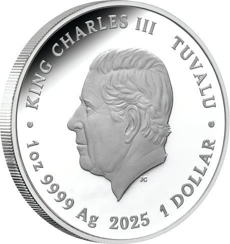  Left-angled view of the Tiger Snake coin obverse, showing King Charles III’s portrait and reeded edge.