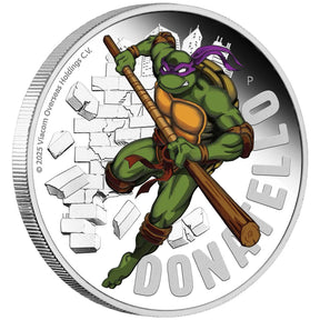 Coin featuring a green turtle character with a wooden staff on a white background