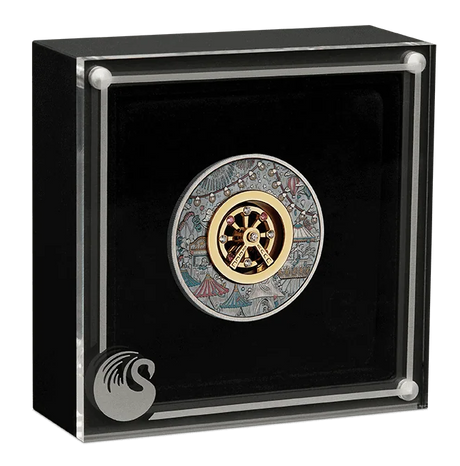 Decorative coin in a black display case with a white background