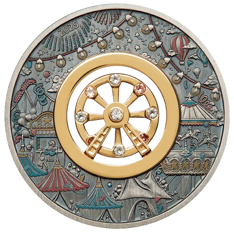 Decorative coin with a gold wheel in the center and colorful circus-themed design around it.