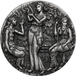 A silver coin with a detailed relief design featuring three ancient goddesses, Clotho, Lachesis, and Atropos, from Greek mythology, within a grove setting.