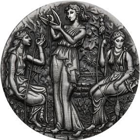 A silver coin with a detailed relief design featuring three ancient goddesses, Clotho, Lachesis, and Atropos, from Greek mythology, within a grove setting.