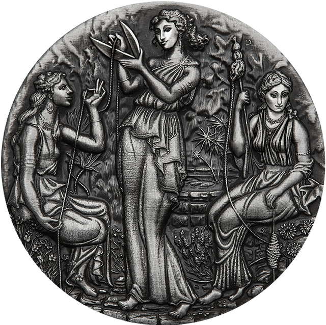 A silver coin with a detailed relief design featuring three ancient goddesses, Clotho, Lachesis, and Atropos, from Greek mythology, within a grove setting.
