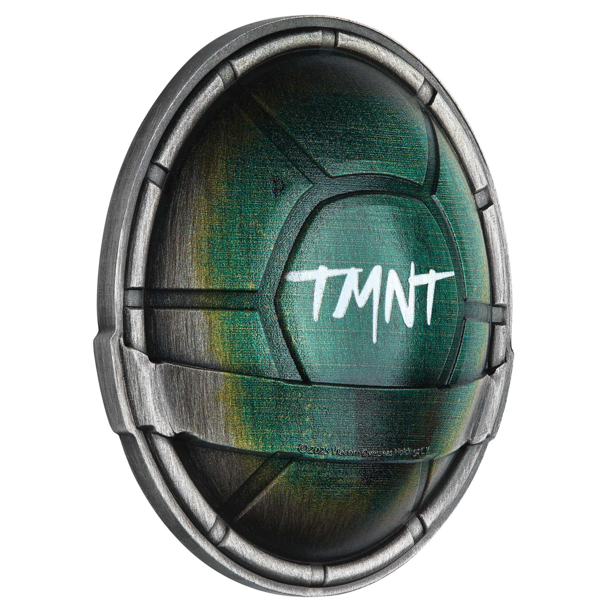 Green and gray helmet with 'TMNT' logo on a white background