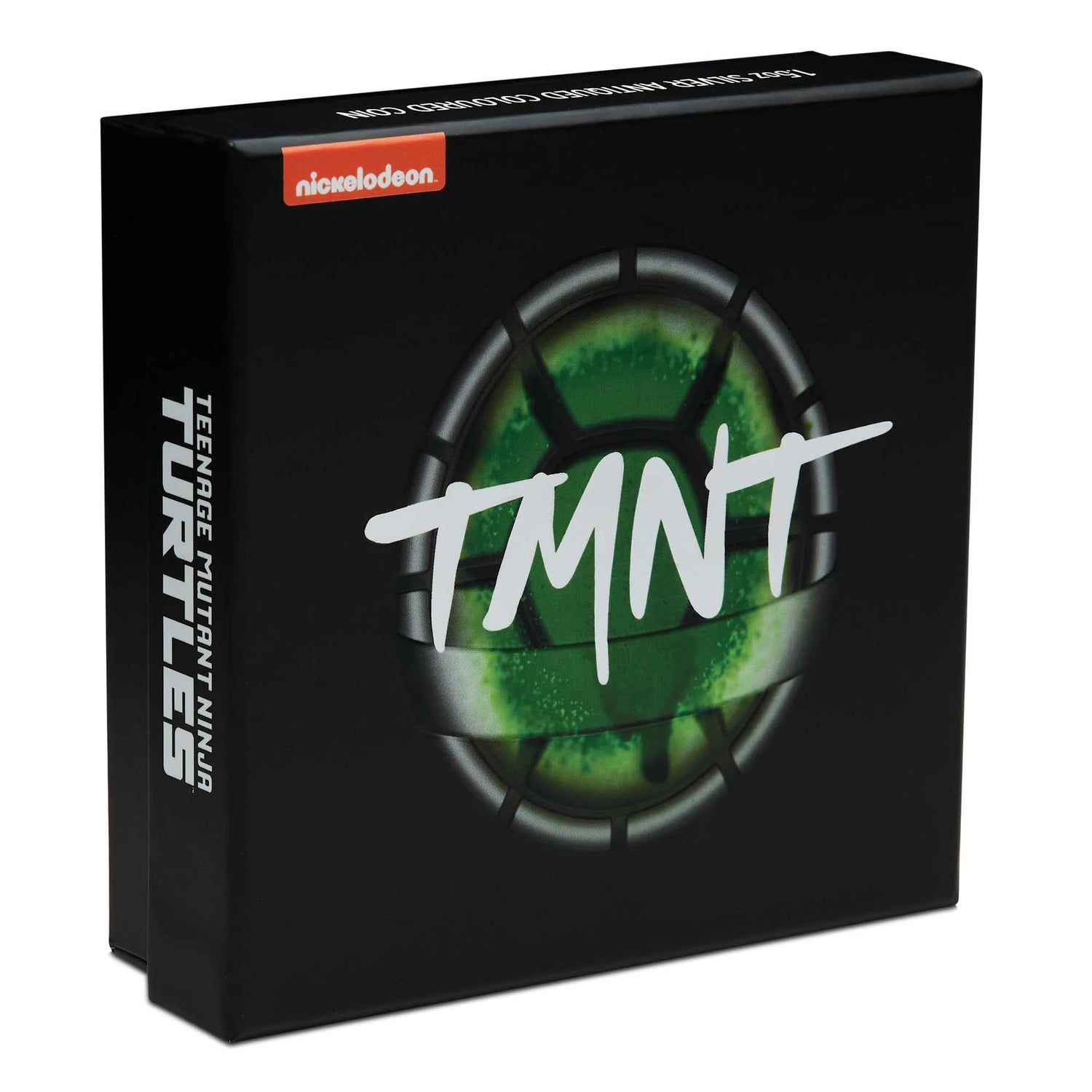 Black box with 'TMNT' logo featuring green and white text on a white background