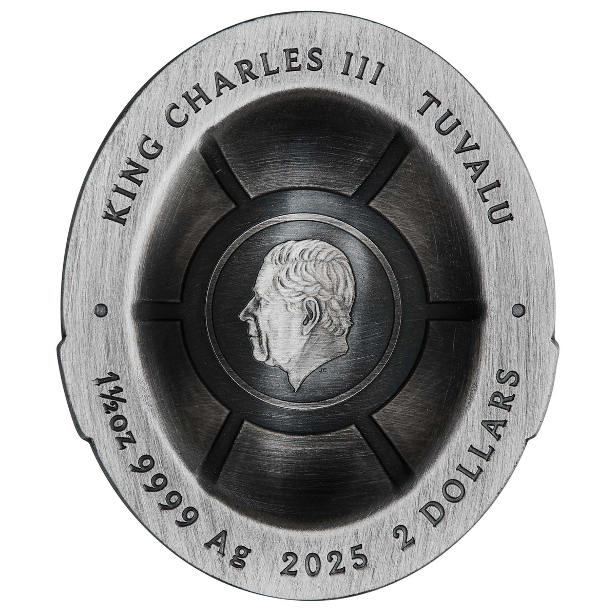 Silver coin with King Charles III's profile and text on a white background