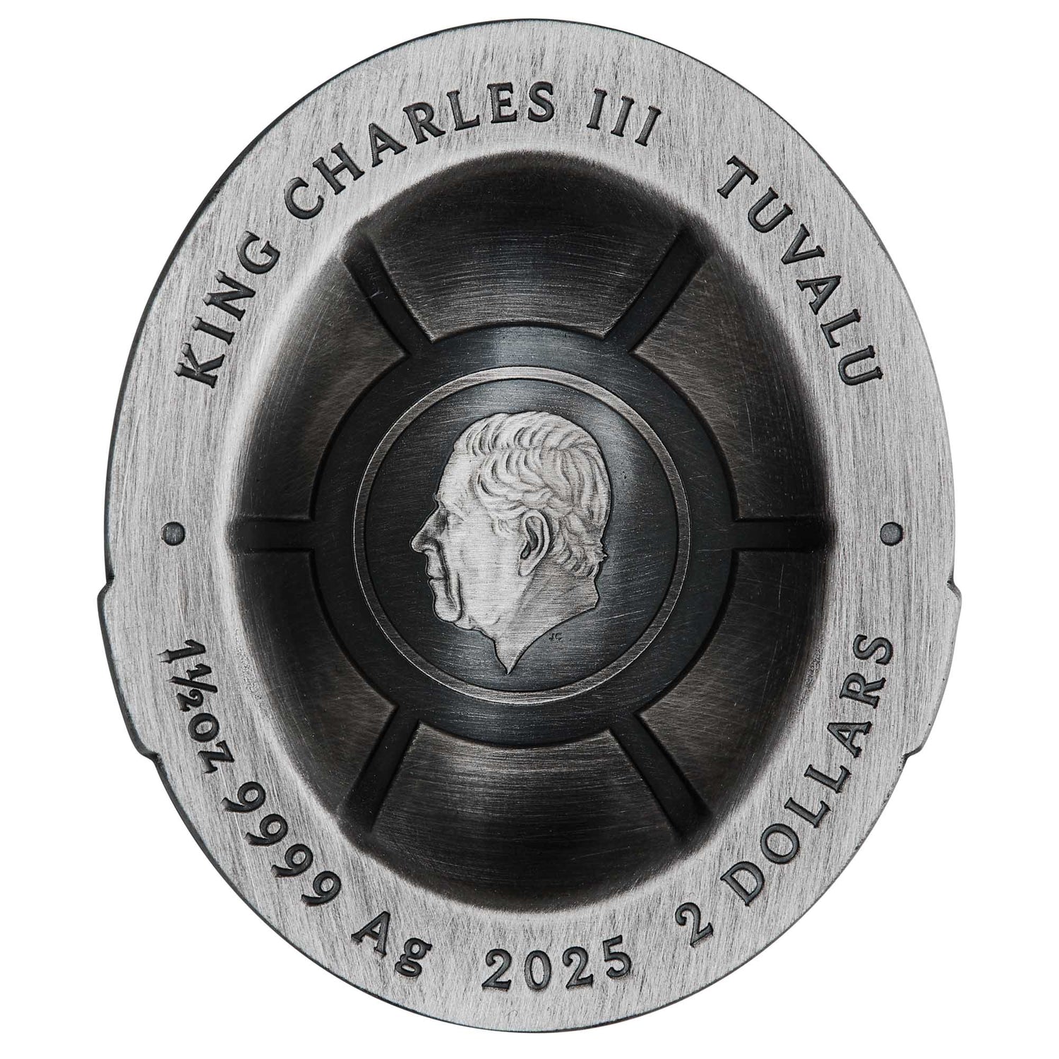Silver coin with King Charles III's profile and text on a white background