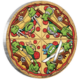 Pizza-shaped cookie with Teenage Mutant Ninja Turtles design on a white background