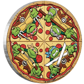 Pizza-shaped cookie with Teenage Mutant Ninja Turtles design on a white background