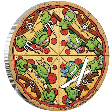 Pizza-shaped cookie with Teenage Mutant Ninja Turtles design on a white background