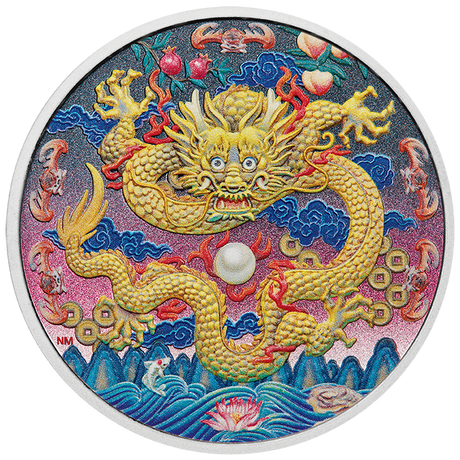 Colorful dragon design on a round emblem with intricate details