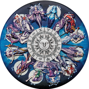 A coin with a zodiac signs and goddesses design, featuring colored illustrations of each zodiac sign with a goddess, encircled by a larger ring with the zodiac symbols, and a central sun motif. 