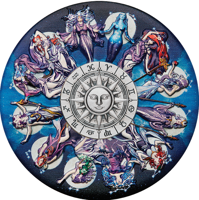 A coin with a zodiac signs and goddesses design, featuring colored illustrations of each zodiac sign with a goddess, encircled by a larger ring with the zodiac symbols, and a central sun motif. 
