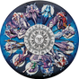 A coin with a zodiac signs and goddesses design, featuring colored illustrations of each zodiac sign with a goddess, encircled by a larger ring with the zodiac symbols, and a central sun motif. 