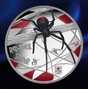 A circular collectible coin featuring a detailed red-back spider design, with a large black spider at the center, silver web patterns, red accents, and the text 'RED-BACK SPIDER' on a dark blue satin background.  - FORTYMILLION