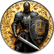 Decorative coin with a knight holding a sword and shield on a gold and black background