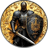 Decorative coin with a knight holding a sword and shield on a gold and black background