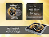 Silver coin in packaging with 'Knights of Honour' branding on a yellow gradient background