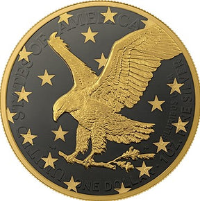 United States of America 2022 $1 American Eagle Golden Ring 1 oz .999 Silver coin with a gold and black design, featuring the eagle and stars motif.