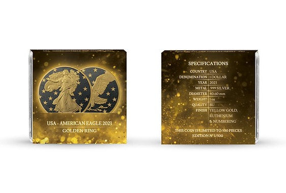 United States of America 2023 $1 American Eagle Golden Ring 1 oz .999 Silver Certificate  Certificate ack and Front