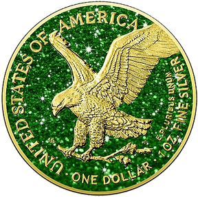 A 1 oz pure silver coin with a gold-plated eagle design on top and a green tourmaline dust finish.