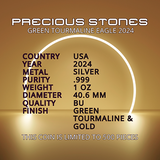 Product details of a Precious Stones Green Tourmaline Eagle coin on a gold background.