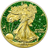 Gold coin with a green background featuring a figure and 'In God We Trust' text.