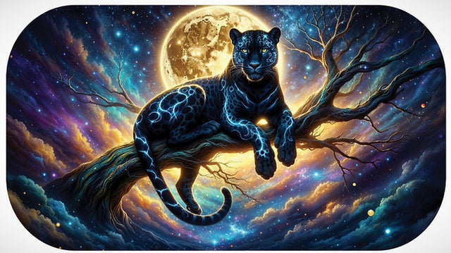 A colorized image of a black panther sitting on a branch with a night sky and a full moon in the background, from the 'NIGHTFALL PROWLER' series.