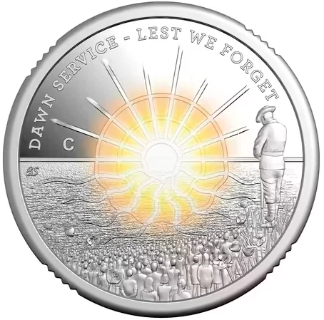 Silver coin with a sunrise and people scene, featuring 'Dawn Service - Lest We Forget' text.