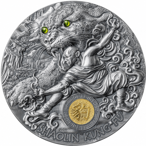 Niue 2023 $5 Shaolin Leopard Kung Fu Martial Art Styles Swarovski Crystal 2 Oz Antique Silver Coin