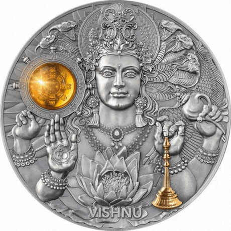 Niue 2023 $5 Vishnu Divine Faces of the Sun 3oz Antique finish .999 Gilded Silver Coin
