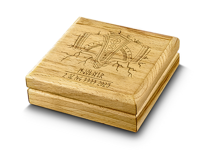 Wooden box with engraved design and text on a white background