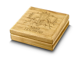 Wooden box with engraved design and text on a white background