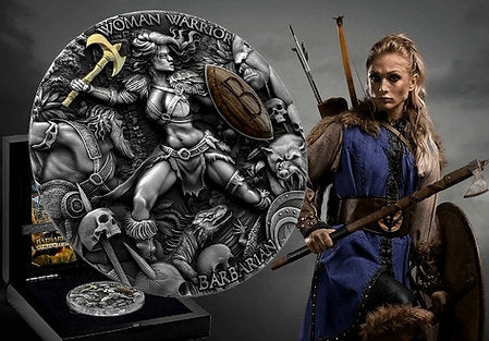 Niue 2024 $5 BARBARIAN Woman Warriors 2 oz High Relief Coloured Antique Silver