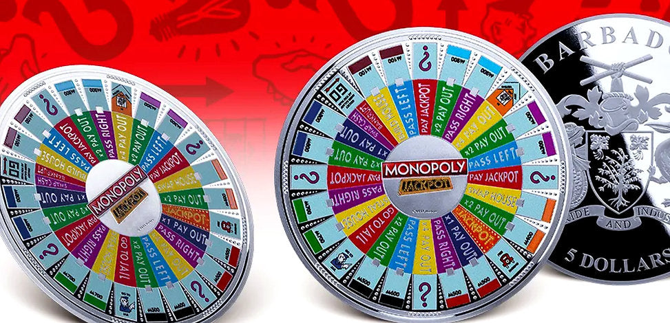 Two Monopoly-themed coins with colorful designs on a red background