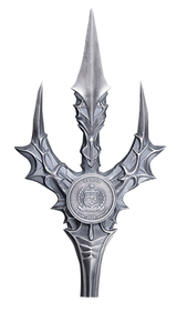 Decorative silver trident with intricate designs on a white background
