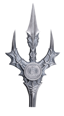 Decorative silver trident with intricate designs on a white background