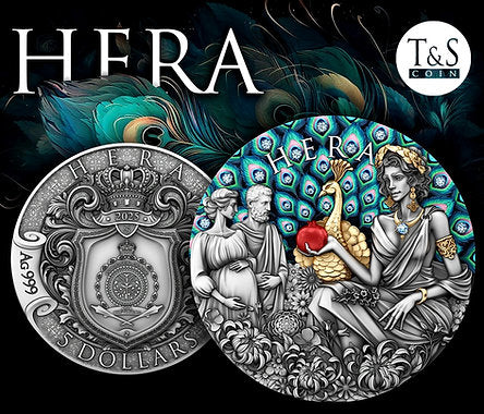 Niue 2025 $5 HERA - Divine Beauty Series - 2 Oz .999 Silver Coin with 23 x Aquamarine embedded Crystals