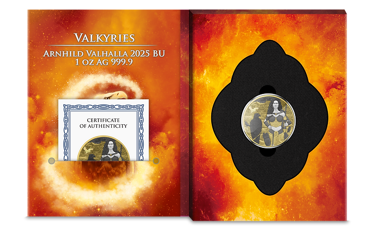 Germania 2025 5 Mark VALKYRIES: ARNHILD VALHALLA 1oz High Relief .9999 Silver Black and Gold