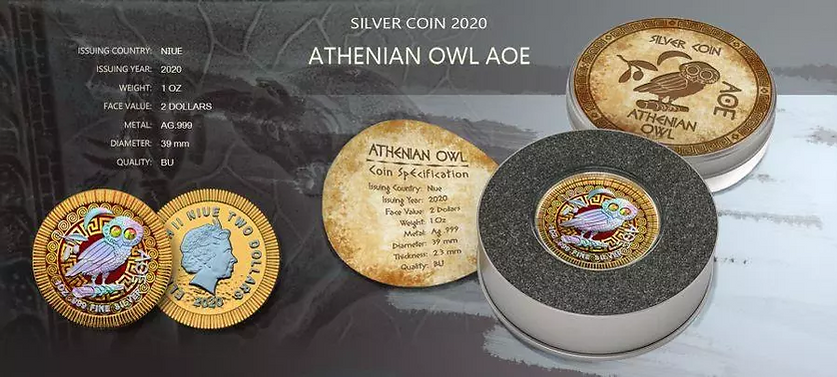 Niue 2020 $2 Ornamental Athenian Owl 1 Oz Silver Coin Swarovski Crystals