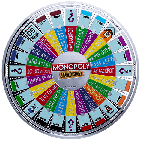 Colorful Monopoly spinner with various game actions on a white background