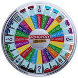 Colorful Monopoly spinner with various game actions on a white background