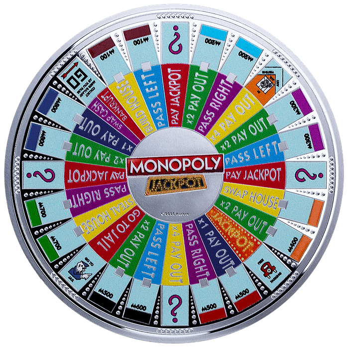 Colorful Monopoly spinner with various game actions on a white background