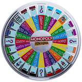 Colorful Monopoly spinner with various game actions on a white background