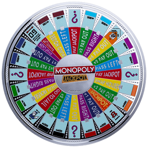 Colorful Monopoly spinner with various game actions on a white background