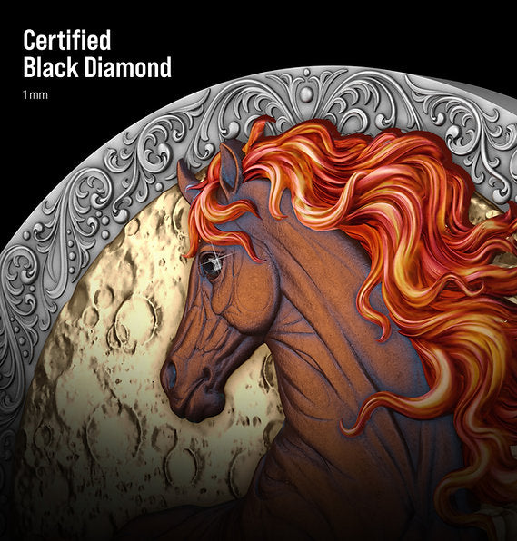 Decorative stone with horse design and 'Certified Black Diamond' text on a black background